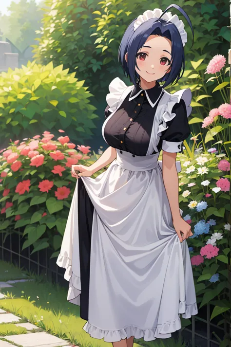 masterpiece, best quality, highres, aaazusa, short hair, ahoge, parted bangs, maid, maid headdress, apron, black dress, skirt ho...