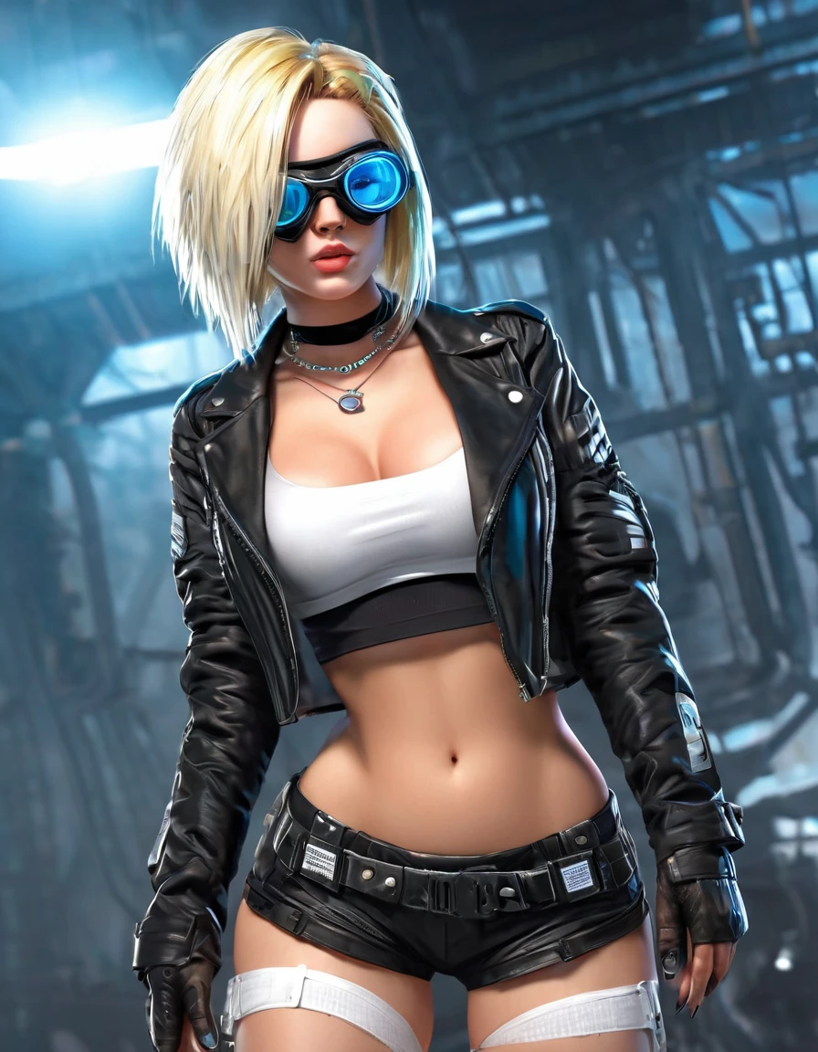 a handsome girl, solo, blond hair, asymmetrical bob, blue eyes,(bright eyes:1.2),
cyber punk black jacket, white tank top, goggles on head,
[navel], off shoulder, open jacket, black shorts, garter rings, white tights,
expressionless, blurry background, perfect lighting, perfect angle, masterpiece, best quality, extremely detailed face, with a colossal  with a position sesuctive with a colossal butt 