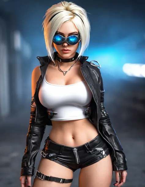 a handsome girl, solo, blond hair, asymmetrical bob, blue eyes,(bright eyes:1.2),
cyber punk black jacket, white tank top, goggl...