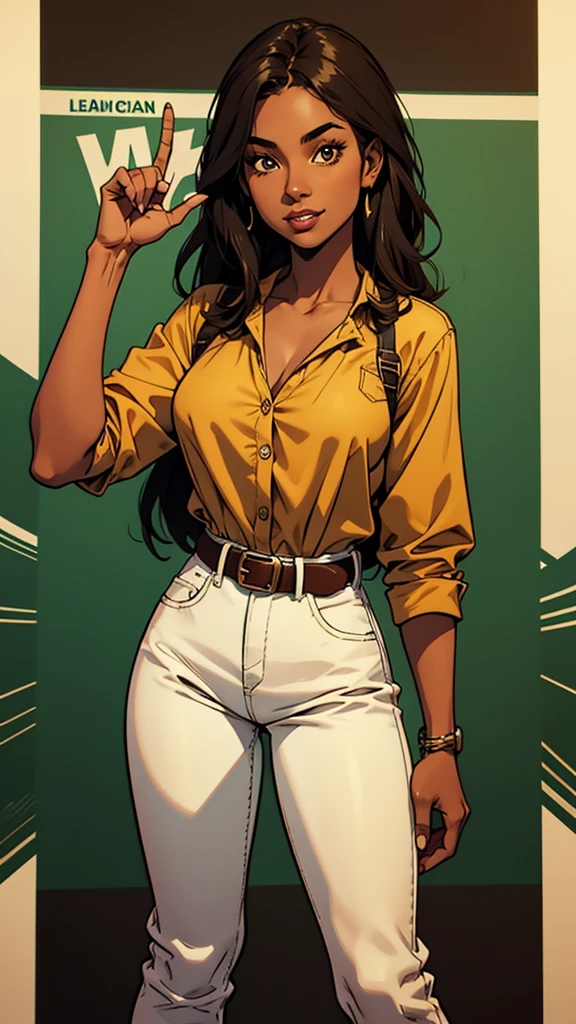 莱拉尼, 她很矮, 皮肤黝黑，头发直, 年龄约21岁，性格开朗, 她穿着一件绿色和牛仔布的上衣，中间系着一条棕色的腰带，露出了她纤细的腰身, 漫画风格