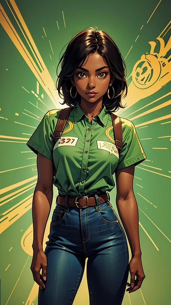 Leilani, she is short, with dark skin and straight hair, approximately 21 years old and with a cheerful personality, she was wearing a green and denim blouse and in the middle a brown belt that showed off her thin waist, comic style