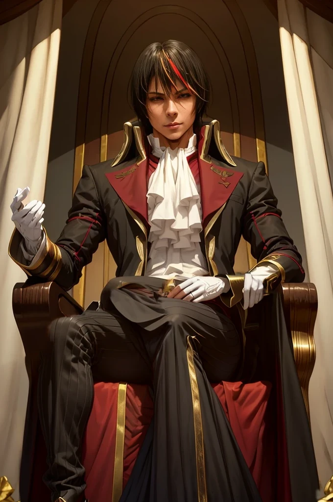 Diablo, detailed eyes, detailed face, detailed clothes, detailed black hair with red and golden line in front,  inside a palace, on a throne, sitting on a throne, character from a novel,