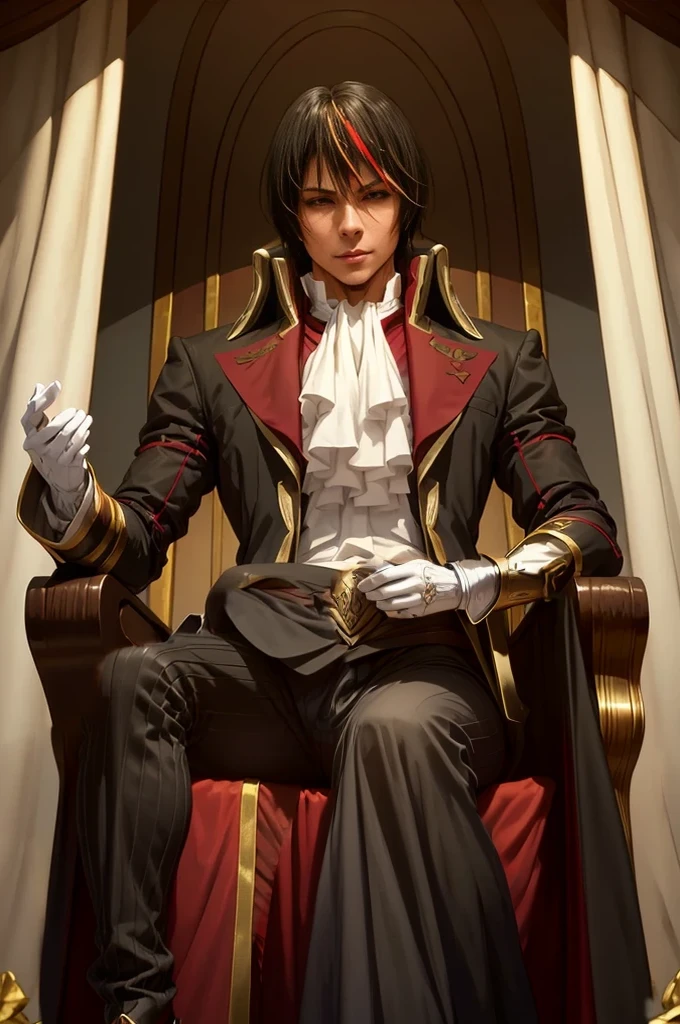 Diablo, detailed eyes, detailed face, detailed clothes, detailed black hair with red and golden line in front,  inside a palace, on a throne, sitting on a throne, character from a novel,