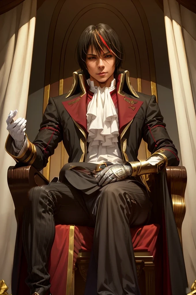 Diablo, detailed eyes, detailed face, detailed clothes, detailed black hair with red and golden line in front,  inside a palace, on a throne, sitting on a throne, character from a novel,