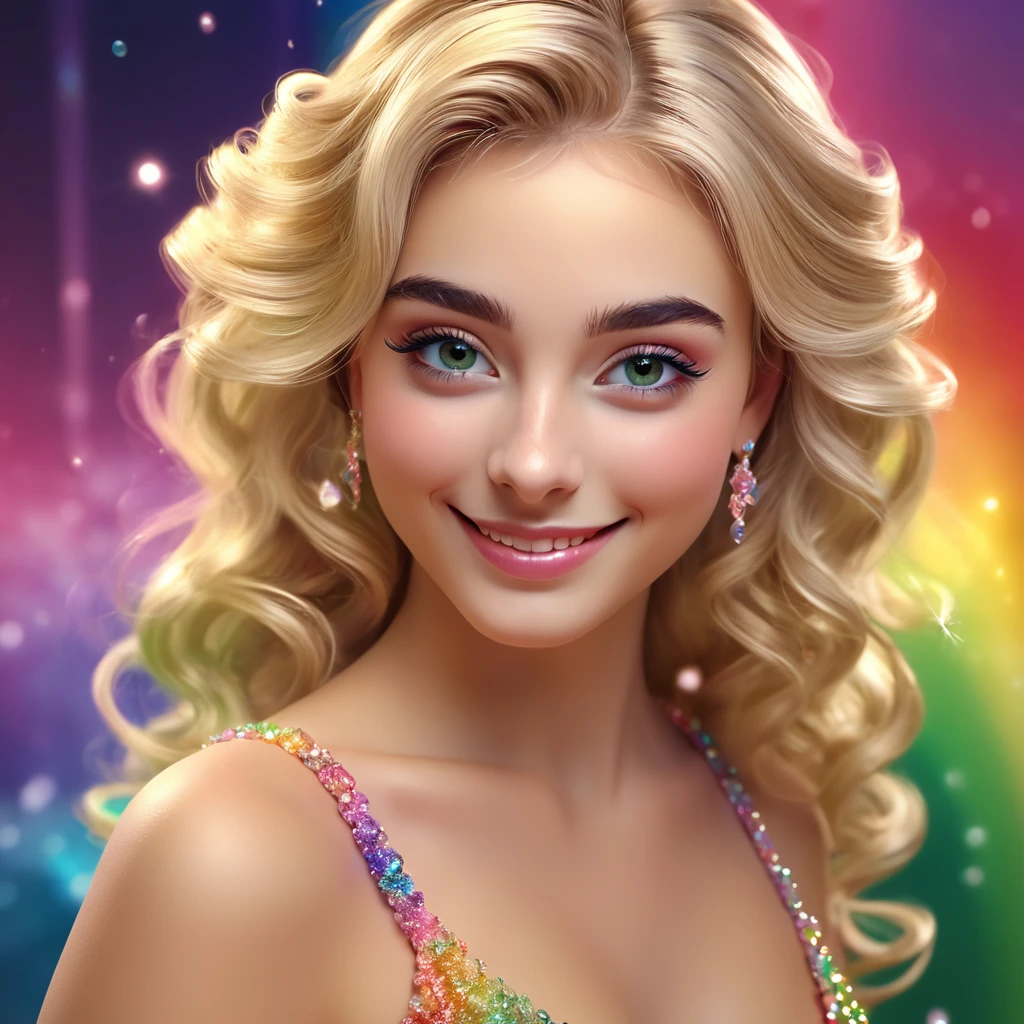 Beautiful girl 20 years old ,smile,eyes are green ,bright makeupcartoon image of a blonde with long hair and a golden dress, Rossris global illumination, Rossris volumetric lighting, fabulous gorgeous lighting, Rossris cartoon vibrant, beautiful digital images, Rossris 2. 0, beautiful Elsa, stunning digital illustration, :: Rossris, Rossris 1. 0, Luminous details!, 8k art ，rainbow colors，Romantic nature，Curls，fairy kingdom，light white and light pink，The atmosphere is very good，wool. 3d. rainbow colors. The Vibrant Beauty of the Universe. Surrealism in the reflections of a multi-colored nebula. Crystal texture，translucent，crystal