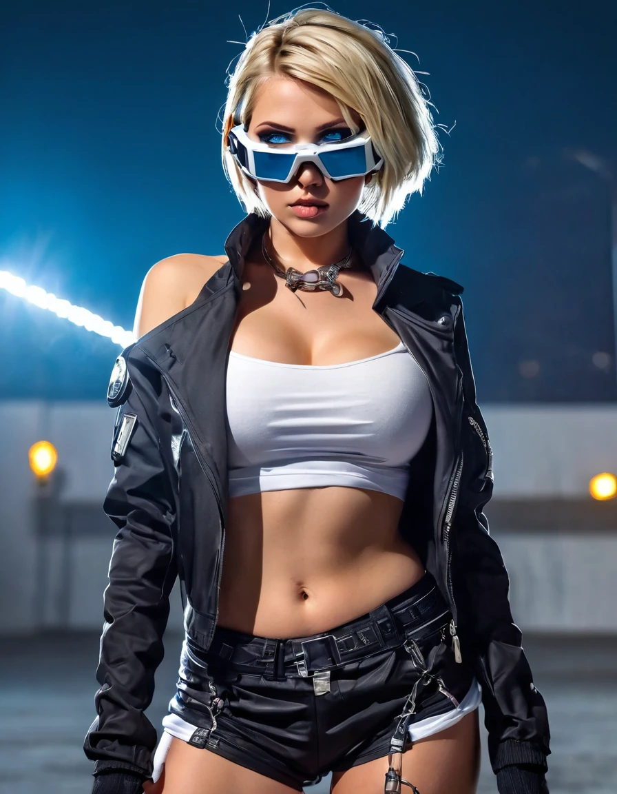 a handsome girl, solo, blond hair, asymmetrical bob, blue eyes,(bright eyes:1.2),
cyber punk black jacket, white tank top, goggles on head,
[navel], off shoulder, open jacket, black shorts, garter rings, white tights,
expressionless, blurry background, perfect lighting, perfect angle, masterpiece, best quality, extremely detailed face, with a colossal  with a position sesuctive with a colossal butt 