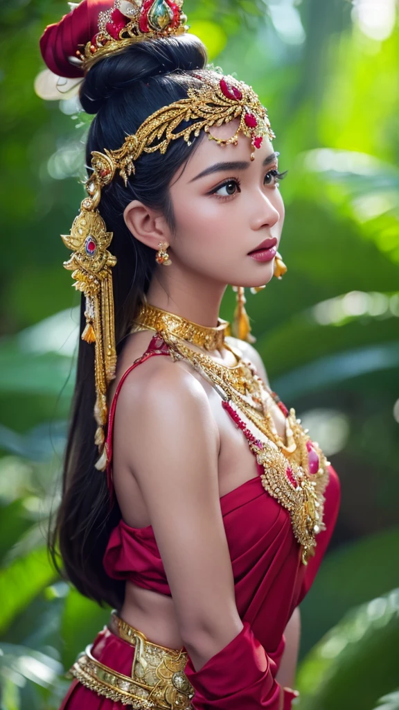 create a hyper realistic photo a beautiful indonesian woman as a hero in dynasty kingdom of majapahit, wearing small gold neklace like a queen, wearing red kemben ,long black hair with bun, doing floating meditation, energy bursts from around of her body, unreal engine 5, absurdres, volumetric mixed color line blue red white lighting around her body, eyes to camera, rainforest background