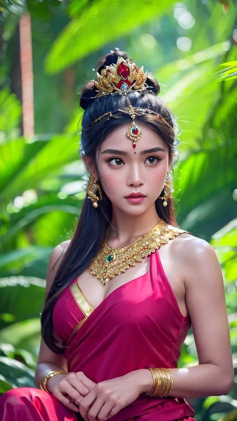 create a hyper realistic photo a beautiful indonesian woman as a hero in dynasty kingdom of majapahit, wearing small gold neklac...