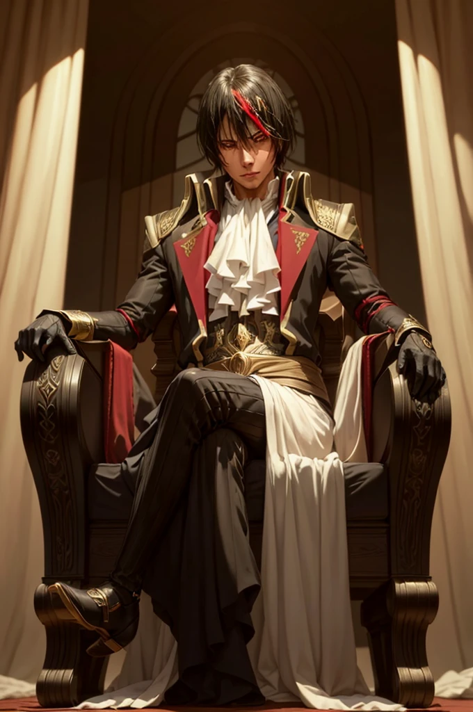 Diablo, detailed eyes, detailed face, detailed clothes, detailed black hair with red and golden line in front,  inside a palace, on a throne, sitting on a throne, character from a novel,