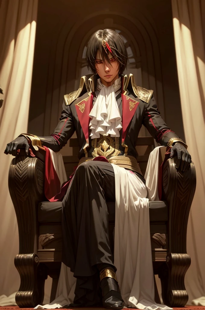 Diablo, detailed eyes, detailed face, detailed clothes, detailed black hair with red and golden line in front,  inside a palace, on a throne, sitting on a throne, character from a novel,