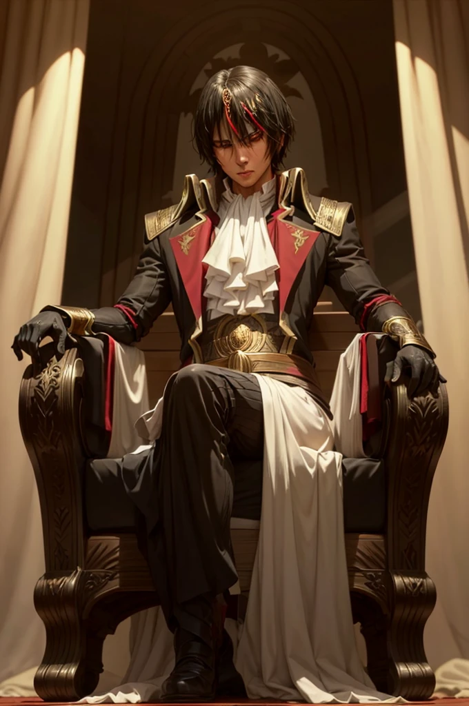 Diablo, detailed eyes, detailed face, detailed clothes, detailed black hair with red and golden line in front,  inside a palace, on a throne, sitting on a throne, character from a novel,