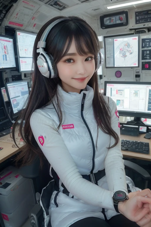 masterpiece, Highest quality, Very detailed, 8K Portrait,Japanese Android Girl,plump , Control panel,Robotic arms and legs, Blunt bangs,,break (Metallic Gray, Metallic luster, Mirror finish, Astro Best):5,headphone:5,break (Black sleeves):100,Smart Watches,Futuristic space station,Control Room,break headphone,blue eyes,(Black Hair):2,(Long Hair):1.3,Displaying the viewer,(respirator),break blush:3,Hidden Hand,smile