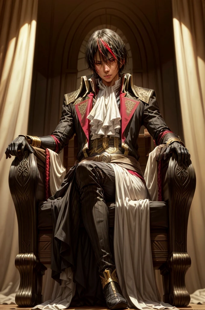 Diablo, detailed eyes, detailed face, detailed clothes, detailed black hair with red and golden line in front,  inside a palace, on a throne, sitting on a throne, character from a novel,