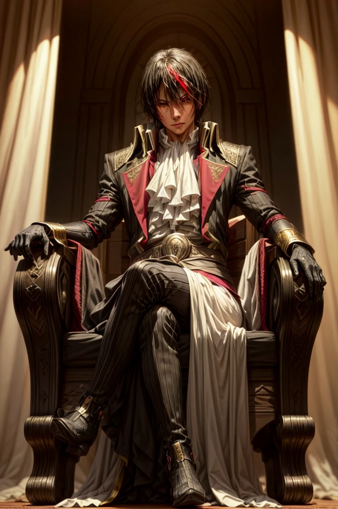 Diablo, detailed eyes, detailed face, detailed clothes, detailed black hair with red and golden line in front,  inside a palace, on a throne, sitting on a throne, character from a novel,