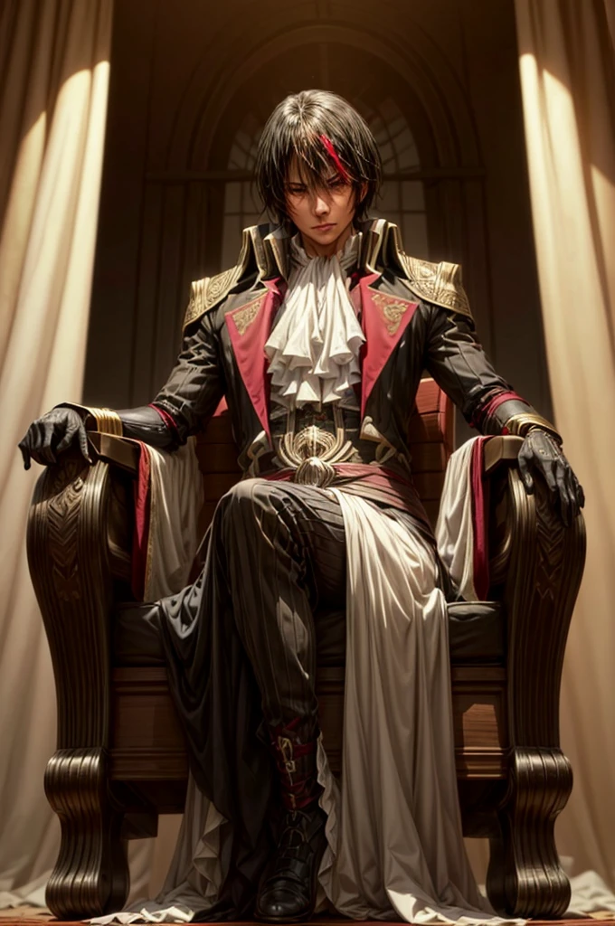 Diablo, detailed eyes, detailed face, detailed clothes, detailed black hair with red and golden line in front,  inside a palace, on a throne, sitting on a throne, character from a novel,