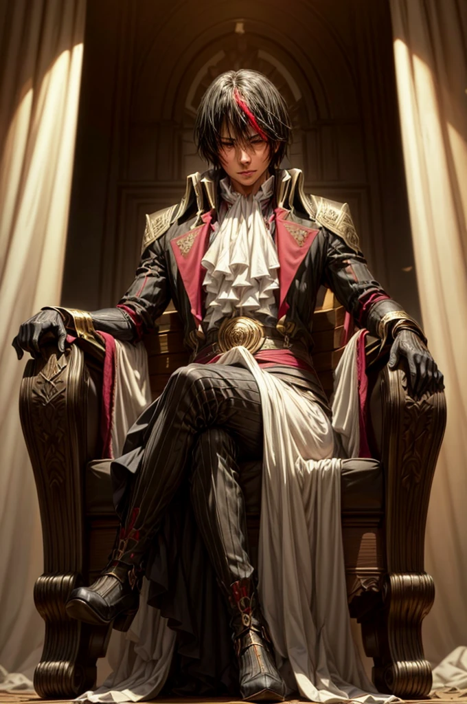 Diablo, detailed eyes, detailed face, detailed clothes, detailed black hair with red and golden line in front,  inside a palace, on a throne, sitting on a throne, character from a novel,