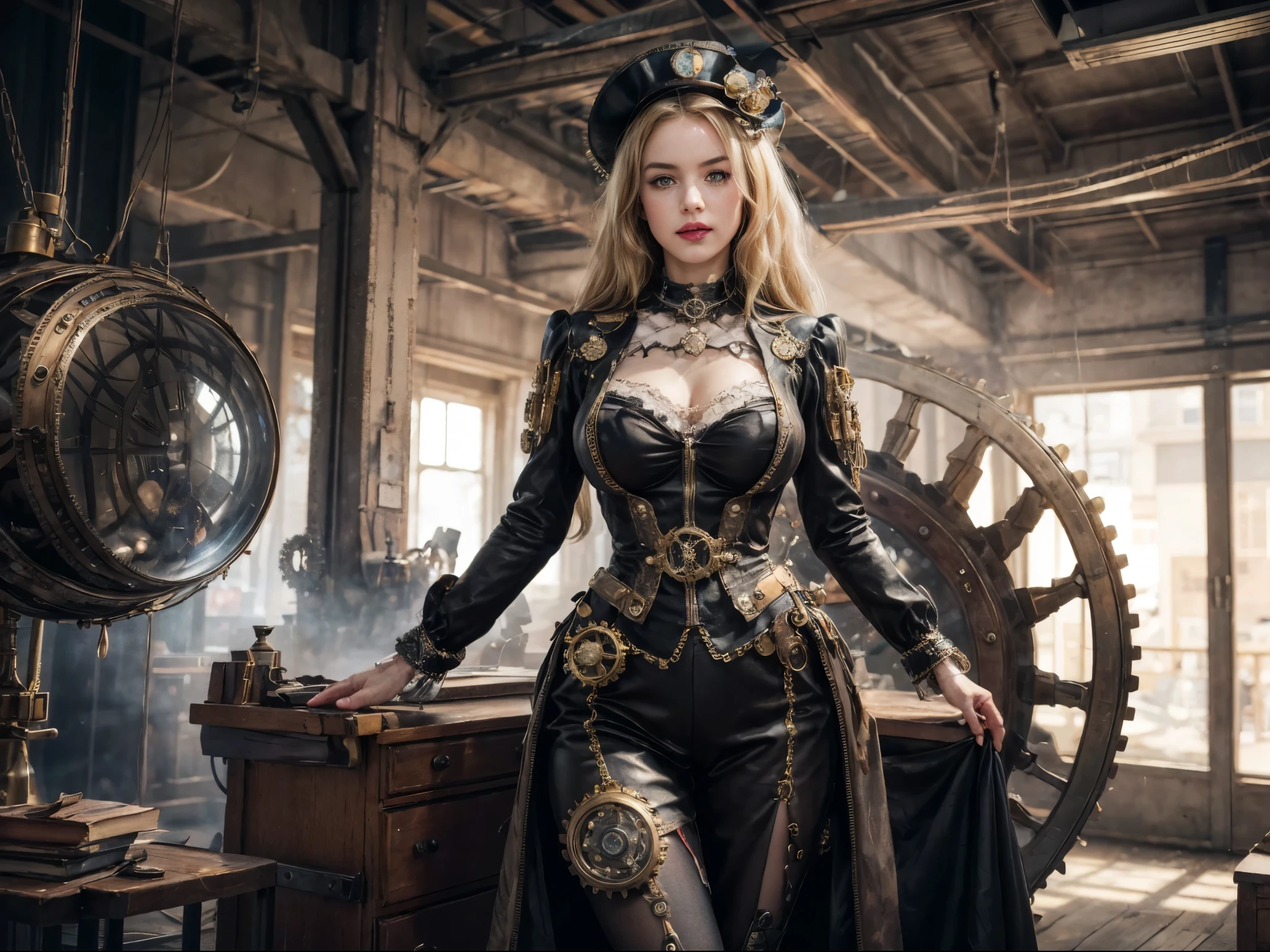 1girl, blend of vintage and futuristic attire, steampunk theme, (perfect round metallic ball:1.2), display platform, super detais, irisdescent reflection, (realistic:1.3), ornate cogs and gears, medium wide shot, gigantic breasts, (blonde hair:1.2), 