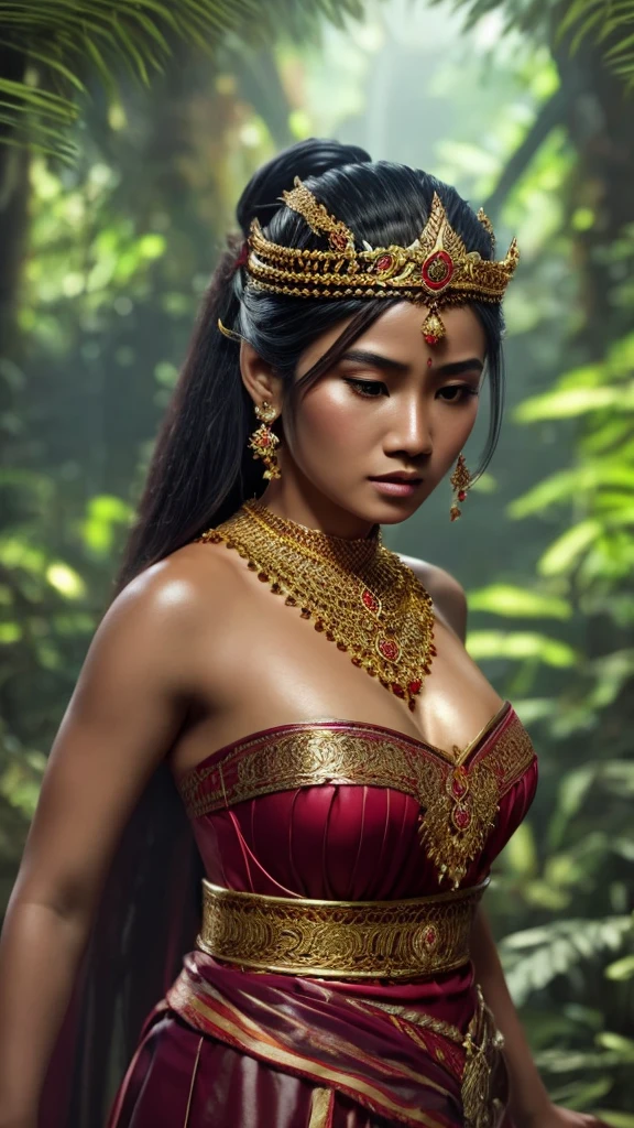 create a hyper realistic photo a beautiful indonesian woman as a hero in dynasty kingdom of majapahit, wearing small gold neklace like a queen, wearing red kemben ,long black hair with bun, doing floating meditation, energy bursts from around of her body, unreal engine 5, absurdres, volumetric mixed color line blue red white lighting around her body, eyes to camera, rainforest background