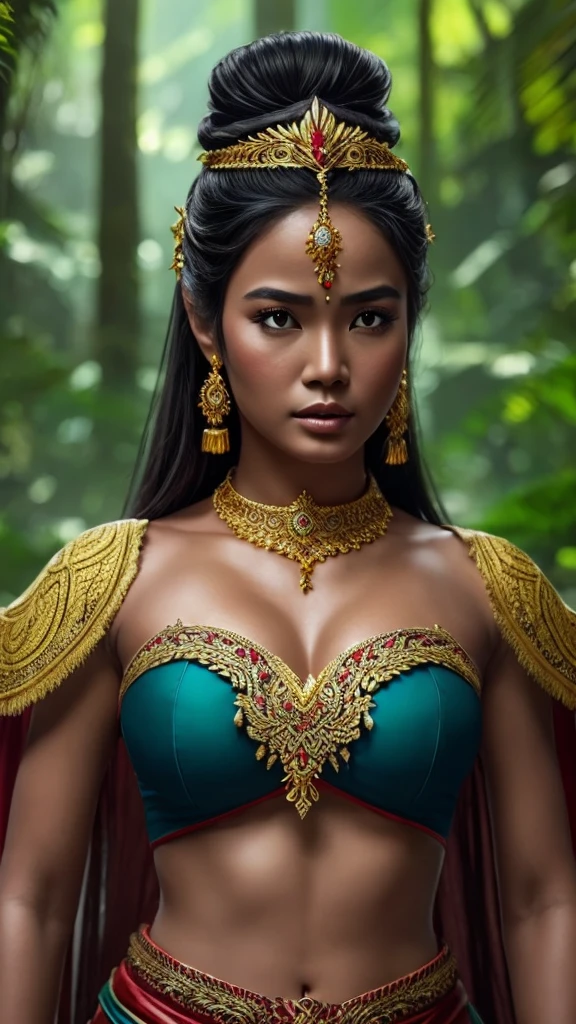 create a hyper realistic photo a beautiful indonesian woman as a hero in dynasty kingdom of majapahit, wearing small gold neklace like a queen, wearing red kemben ,long black hair with bun, doing floating meditation, energy bursts from around of her body, unreal engine 5, absurdres, volumetric mixed color line blue red white lighting around her body, eyes to camera, rainforest background