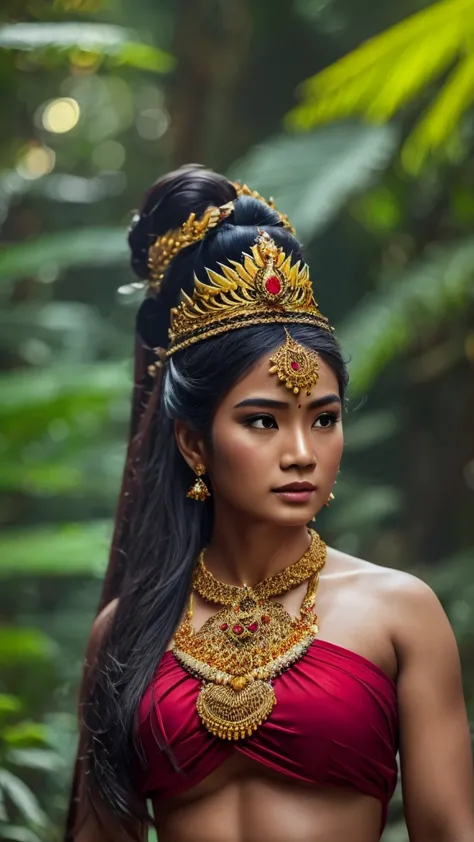 create a hyper realistic photo a beautiful indonesian woman as a hero in dynasty kingdom of majapahit, wearing small gold neklac...