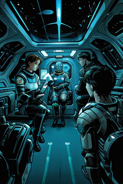 In the image we have 2 Astronauts in space uniform piloting a spacecraft, view inside the spacecraft. A humanoid robot is nearby...