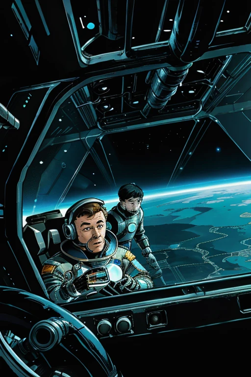 في الصورة لدينا رائدان فضاء يرتديان الزي الفضائي ويقودان مركبة فضائية, عرض داخل المركبة الفضائية. يوجد روبوت يشبه الإنسان في مكان قريب للمساعدة. 