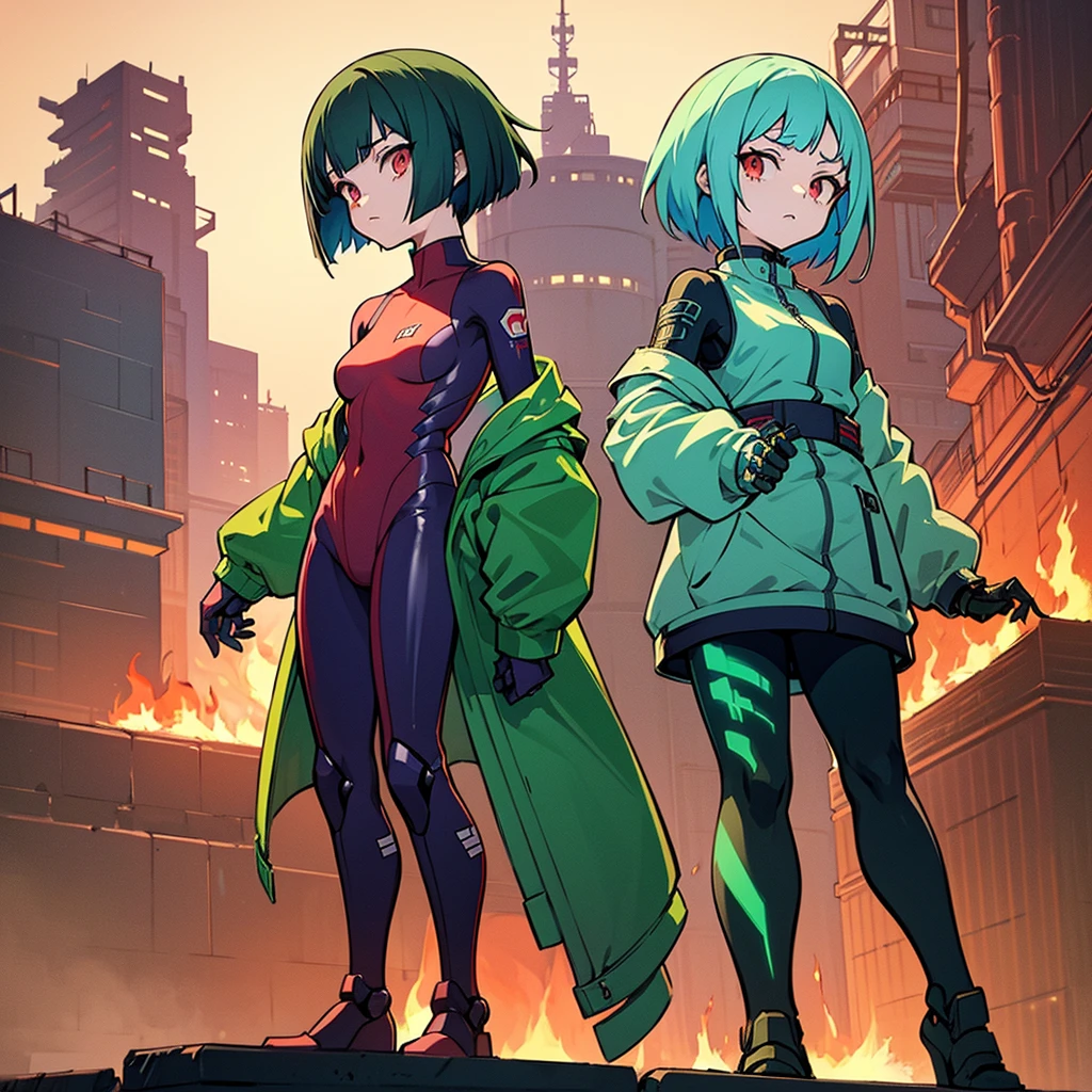(masutepiece), (Perfect athlete body:1.2), Anime style, Full body, Cyberpunk Girl, Sea green twin hairstyle with red eyes, cyberpunk outfits, black purple flame fist, Burnt mechanical limbs, Standing in the wasteland, White background, Whole body, Bullish look