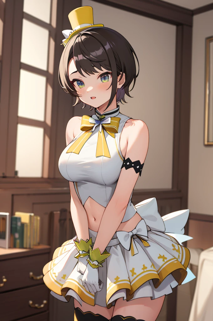 masterpiece, best quality, highres, ddsubaru, short hair, mini top hat, yellow headwear, hololive idol uniform, yellow bowtie, sleeveless shirt, sleeveless, wrist cuffs, white gloves, navel, white bow, layered skirt, white skirt, black thighhighs,big breasts,my room