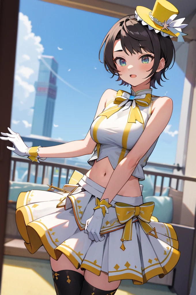 masterpiece, best quality, highres, ddsubaru, short hair, mini top hat, yellow headwear, hololive idol uniform, yellow bowtie, sleeveless shirt, sleeveless, wrist cuffs, white gloves, navel, white bow, layered skirt, white skirt, black thighhighs,big breasts,my room