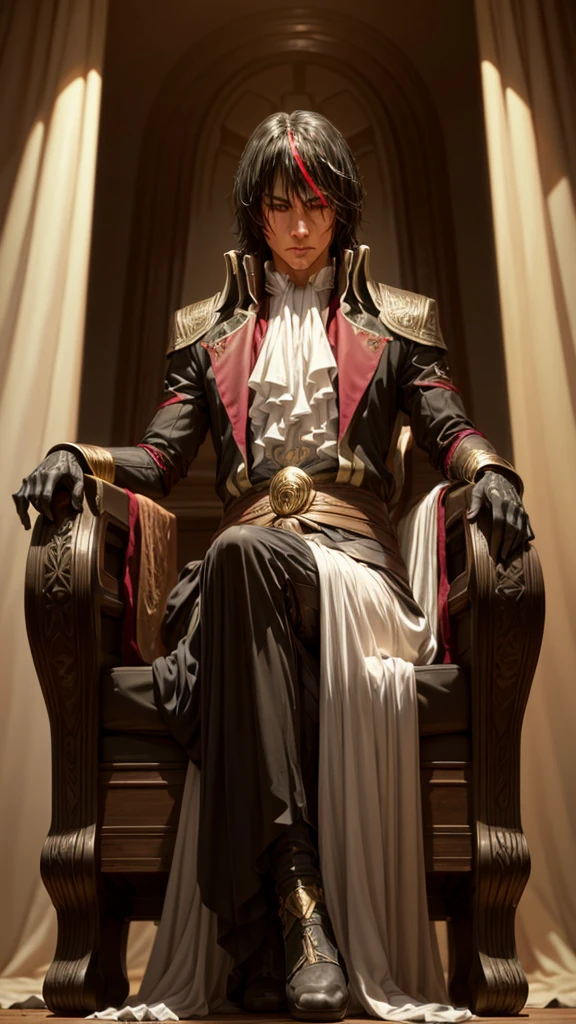 a detailed portrait of a man with piercing eyes, beautiful facial features, and intricate, flowing black hair with red and golden highlights, sitting on an ornate throne inside a grand palace, character from a dark fantasy novel, (best quality,4k,8k,highres,masterpiece:1.2),ultra-detailed,(realistic,photorealistic,photo-realistic:1.37),dramatic lighting,cinematic composition,digital painting,dark fantasy,fantasy art