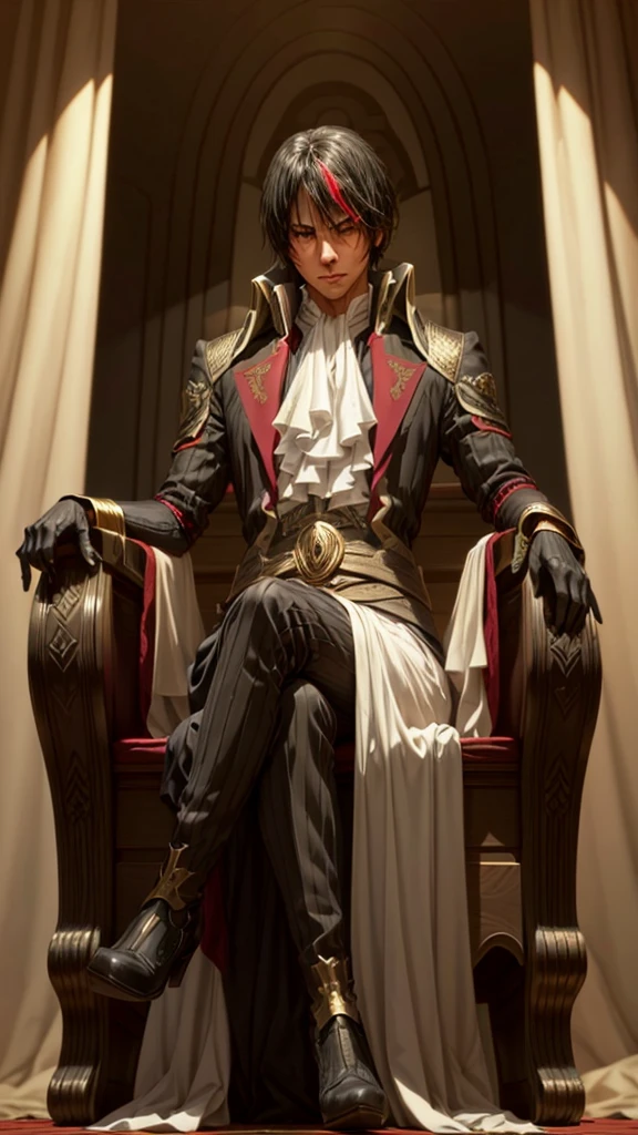 Diablo, detailed eyes, detailed face, detailed clothes, detailed black hair with red and golden line in front,  inside a palace, on a throne, sitting on a throne, character from a novel,