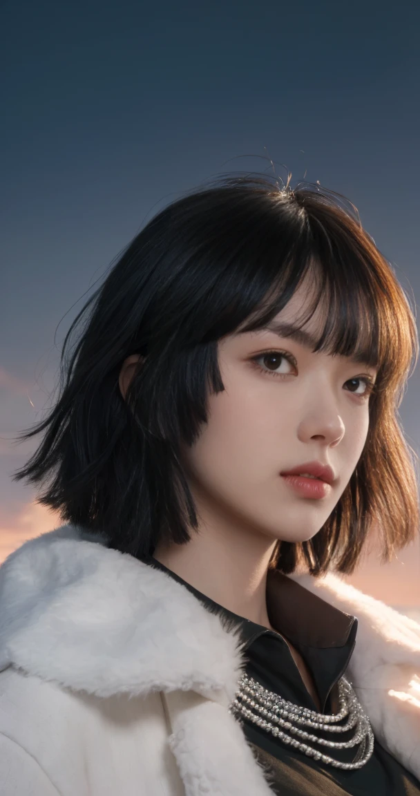 FUBUKI, (BLACK HAIR), Straight hair, TAUT CLOTHES, FUR COAT, JEWELRY, NECKLACE, long face, short hair, straight hair, (photorealistic:1.2), (masterpiece), best quality, (detailed face:1.4), raw photo, ultra realistic 8k, perfect artwork, (background violent tornado and storm :1.2),BREAK, photography,masterpiece,best quality,HDR,highres,realistic details,8K,HDR,highres,absurdres,1girl fly in the air, fubuki,expressionless, tiny breasts,masterpiece,ultra realistic,32k,extremely detailed CG unity 8k wallpaper, best quality