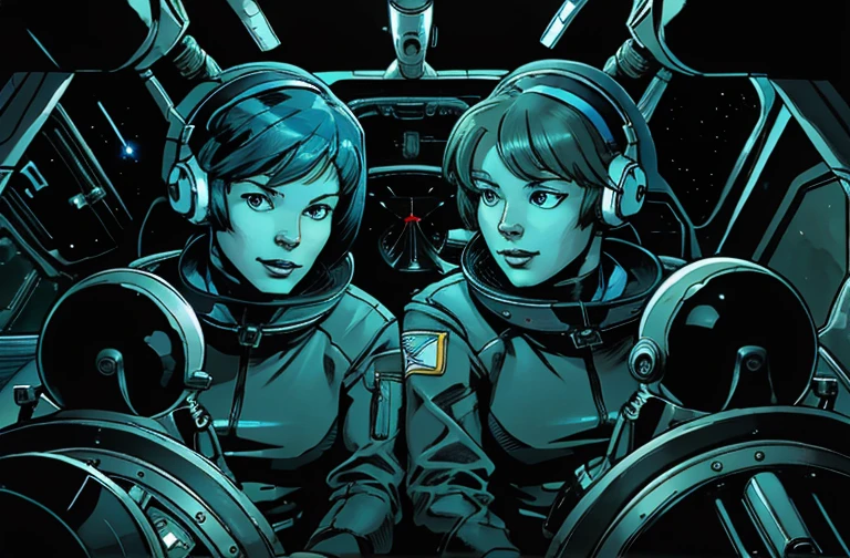 图片中有两名身穿太空服的宇航员驾驶着一艘宇宙飞船, 查看航天器内部. 人形机器人正在附近提供帮助. 