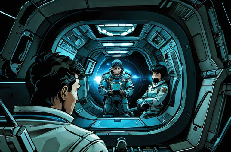 이미지에는 우주복을 입고 우주선을 조종하는 우주 비행사 2명이 있습니다., 우주선 내부 모습. 휴머노이드 로봇이 근처에서 도와주고 있습니다.. 