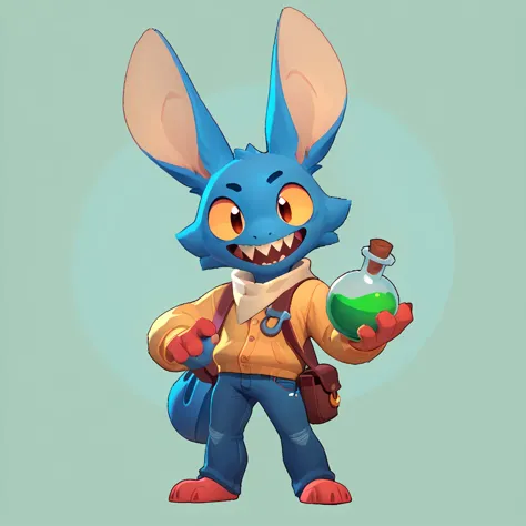 full body view from a round creature with blue fur, male, long ears, smiling, sharp teeth, wearing jeans, friendly round creatur...