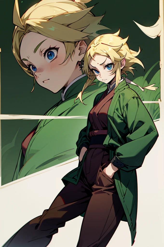 demon slayer outfit, female, blonde hair,ninja mask cover mouth, forest background, blue eyes, has kunais on their hip, facing towards camera, arms in pockets