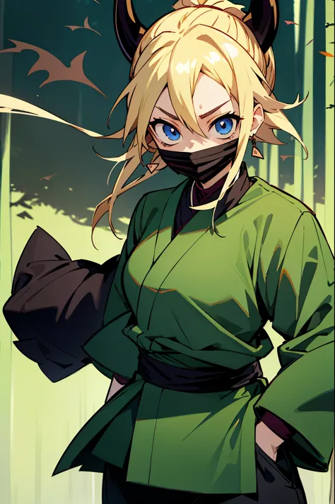 demon slayer outfit, female, blonde hair,ninja mask cover mouth, forest background, blue eyes, has kunais on their hip, facing t...