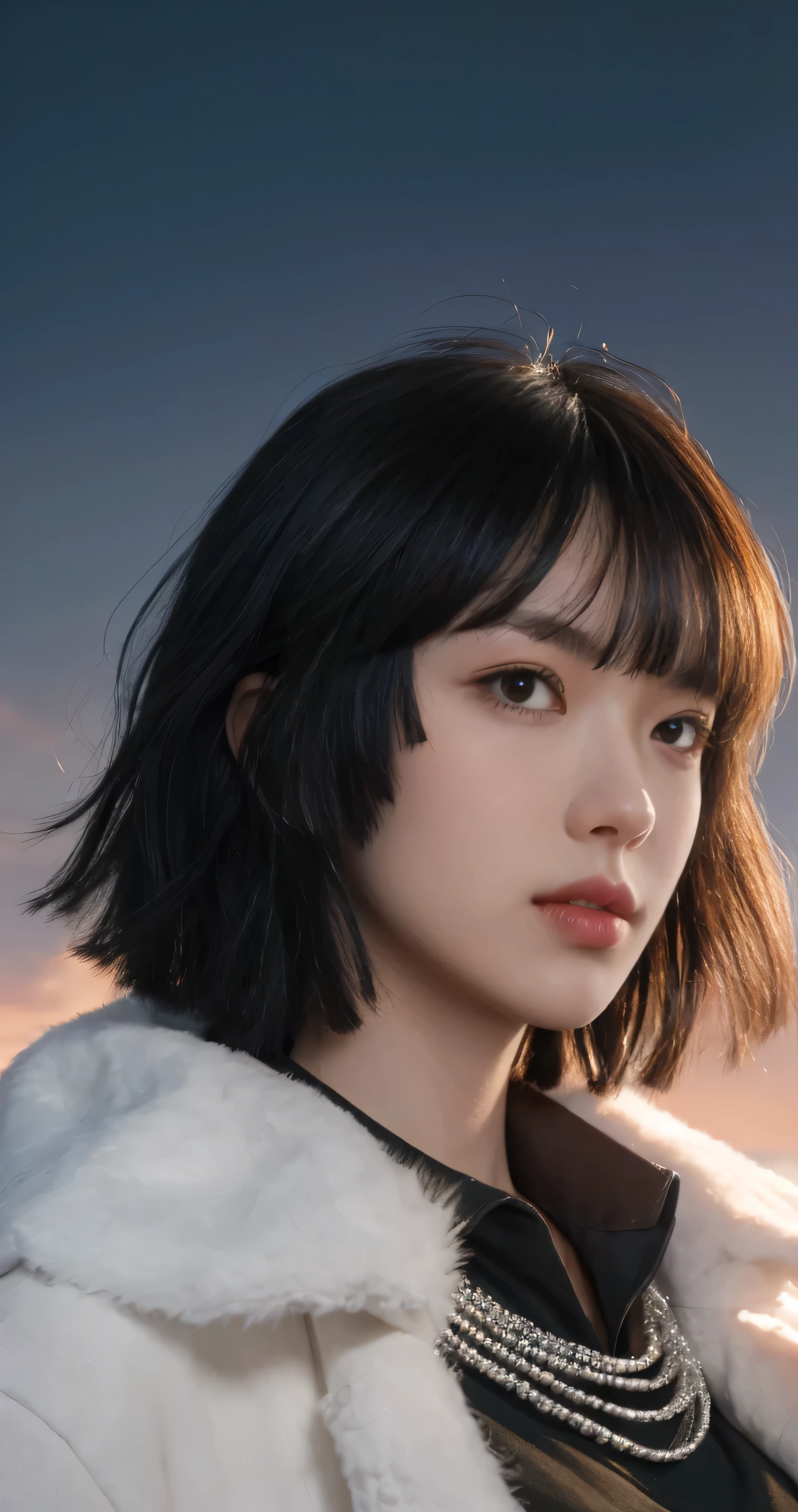 FUBUKI, (BLACK HAIR), Straight hair, TAUT CLOTHES, FUR COAT, JEWELRY, NECKLACE, long face, short hair, straight hair, (photorealistic:1.2), (masterpiece), best quality, (detailed face:1.4), raw photo, ultra realistic 8k, perfect artwork, (background violent tornado and storm :1.2),BREAK, photography,masterpiece,best quality,HDR,highres,realistic details,8K,HDR,highres,absurdres,1girl fly in the air, fubuki,expressionless, tiny breasts,masterpiece,ultra realistic,32k,extremely detailed CG unity 8k wallpaper, best quality