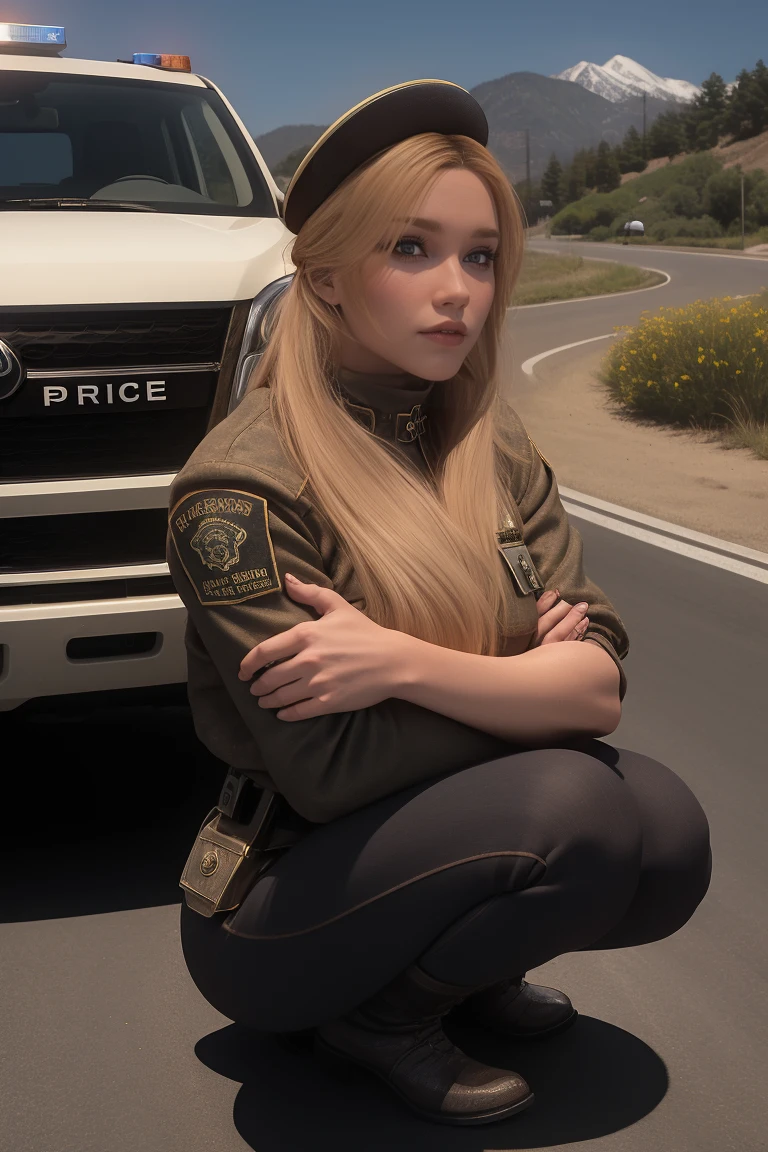 closeup portrait, masterpiece, 30 yo, beautiful female breton, police officer, squatting near Toyota pickup, (arresting a viewer:1.3), looking at the viewer, California outdoor background at daytime, 
