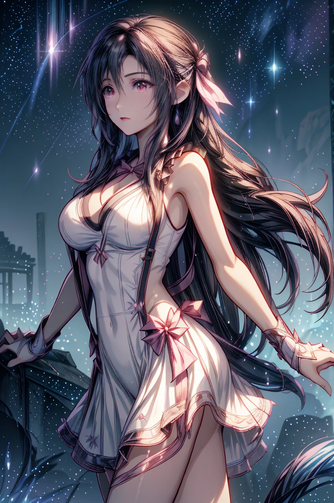 (8K HDR photorealistic pic), Tifa Lockhart, muscular, athletic, cheerful, toned body, (massive breasts), hourglass figure, fighter, long dark hair tied with ribbon at the end, ((Aerith costume, white dress, pink jacket)), realistic, seductive, red eyes, soft shadows, (masterpiece), Starry Sky with Mountains and Lake, Inspired by Jessica Rossier, Jessica Rossier Fantasy Art, Concept Art Magic Highlights, Official Artwork, Dream Painting, Ethereal Realm, Atmospheric artwork, dreamy matte paintings, serene endless stars inspired by Ted Nasmith, moonlit starry environments, epic music album covers.