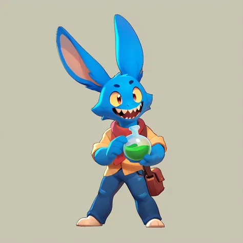 full body view from a round creature with blue fur, male, long ears, smiling, sharp teeth, wearing jeans, friendly round creatur...