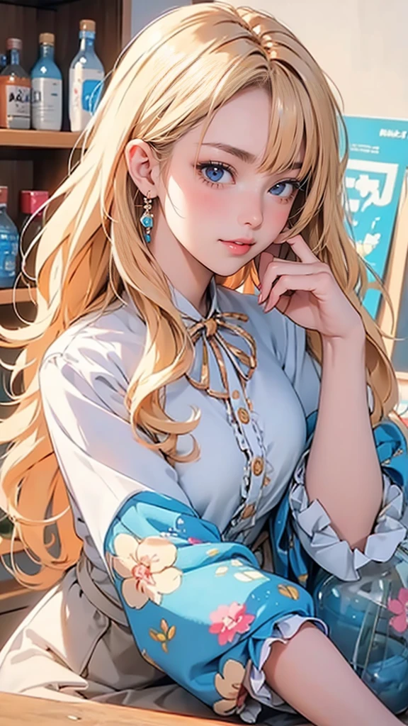 Cute anime girl with blond hair and blue eyes wearing a beige ruffled blouse., holding an open jar of colorful candies in front of your face. Many cans were filled to the top on the shelves behind her., with detailed fantasy background, cute and colorful. This is a digital illustration. sharp focus, very detailed illustration, masterpiece, A high resolution, in octane rendering style, -- AR 3:4 -- niji 6