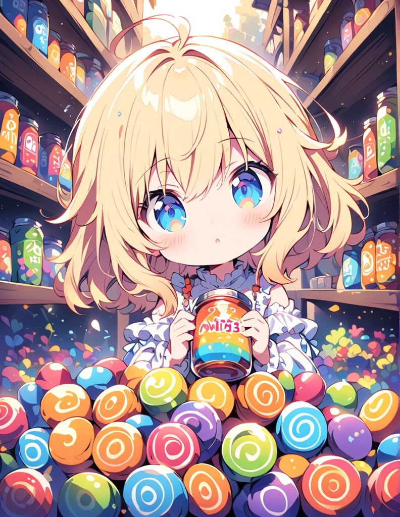 Cute anime girl with blond hair and blue eyes wearing a beige ruffled blouse., holding an open jar of colorful candies in front of your face. Many cans were filled to the top on the shelves behind her., with detailed fantasy background, cute and colorful. This is a digital illustration. sharp focus, very detailed illustration, masterpiece, A high resolution, in octane rendering style, -- AR 3:4 -- niji 6