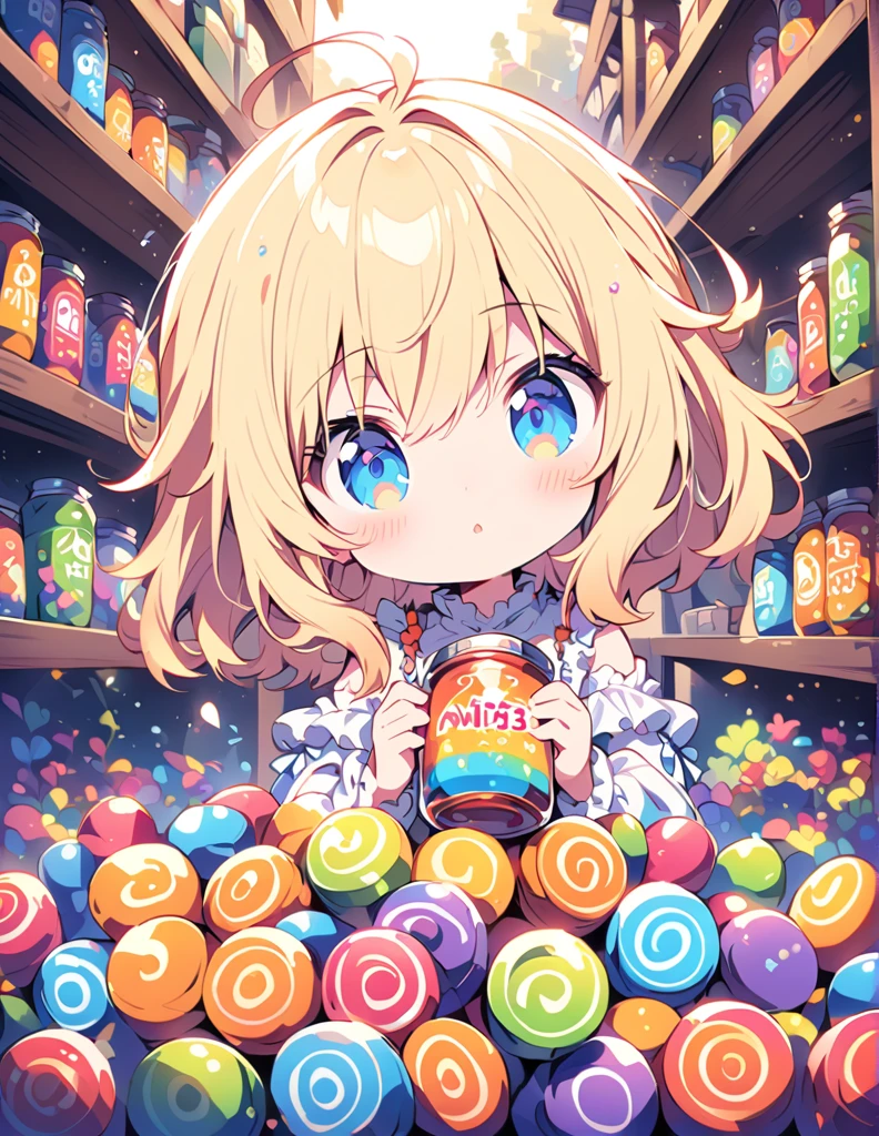 Süßes Anime-Mädchen mit blonden Haaren und blauen Augen trägt eine beige Rüschenbluse., ein offenes Glas mit bunten Bonbons vor dein Gesicht halten. Viele Dosen waren bis zum Rand gefüllt auf den Regalen hinter ihr., mit detailliertem Fantasy-Hintergrund, süß und bunt. Dies ist eine digitale Illustration. scharfer Fokus, Sehr detaillierte Abbildung, Meisterwerk, Eine hohe Auflösung, im Octane-Rendering-Stil, -- mit 3:4 – Niji 6