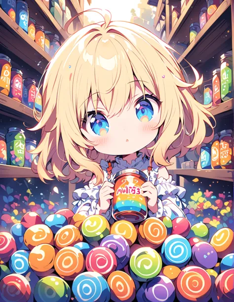 Cute anime girl with blond hair and blue eyes wearing a beige ruffled blouse., holding an open jar of colorful candies in front ...