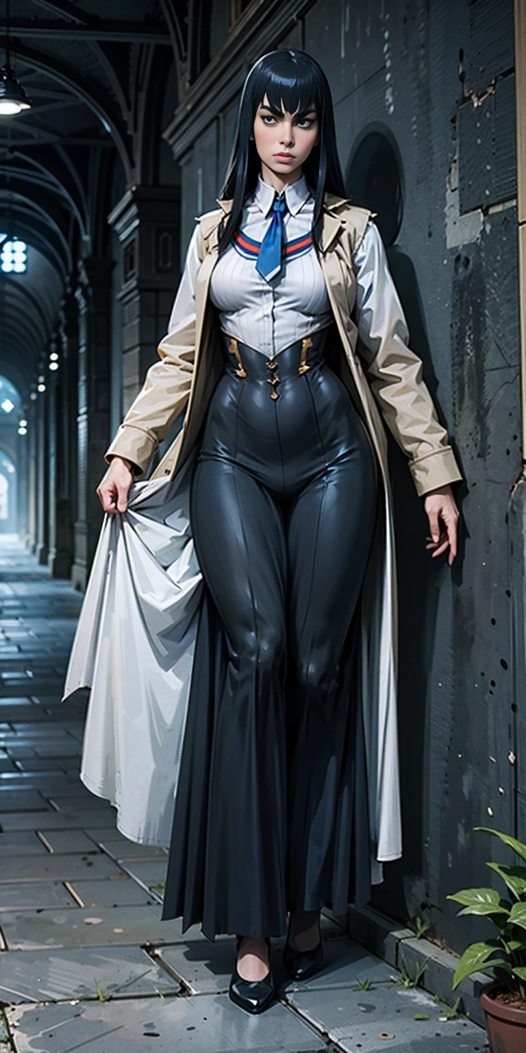 female Satsuki Kiryuin, Satsuki Kiryuin from Kill-la-Kill, mesh stockings, standing with a katana, full height, bottom view, best quality, very detailed, ultra 8k resolution, coat, vest, long skirt, portrait, full body, victorias clothing, long dress, knight, pants, black skinn suit, medieval city, plants, vest,polo shirt, forest, long skirt