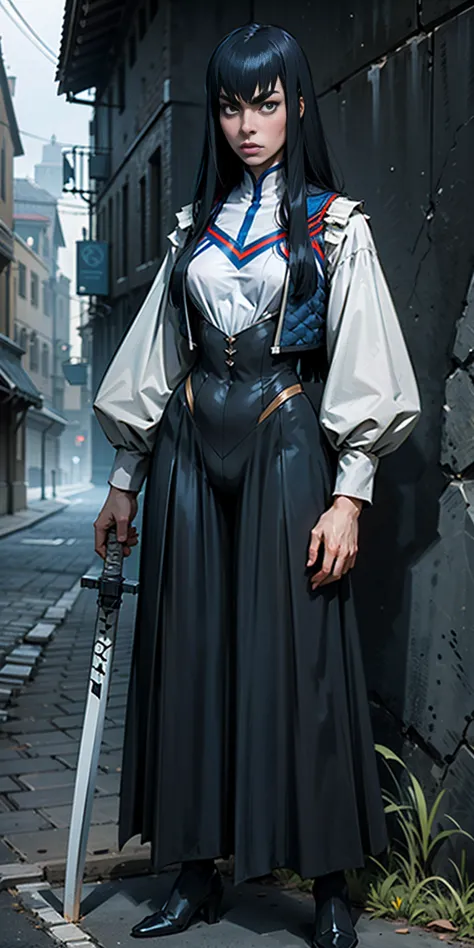 female Satsuki Kiryuin, Satsuki Kiryuin from Kill-la-Kill, mesh stockings, standing with a katana, full height, bottom view, bes...