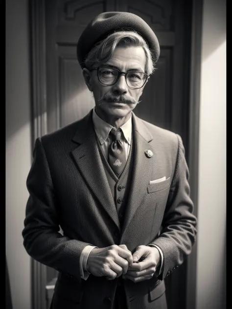 "a very old photograph from the 1930s of a very kind-looking man wearing glasses and a mustache, dressed in formal attire, a woo...