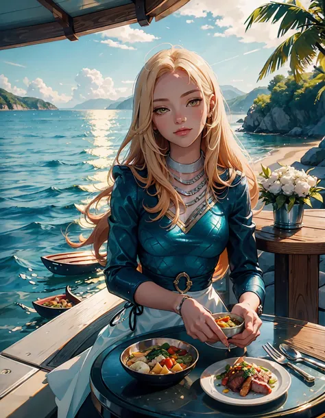 A young woman with golden hair and yellow eyes sits at the table, eating delicious food by the seaside in an anime style. The ba...