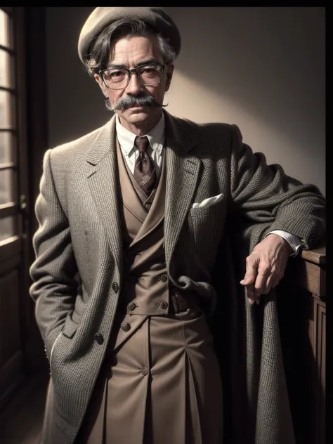 "a very old photograph from the 1930s of a very kind-looking man wearing glasses and a mustache, dressed in formal attire, a woo...